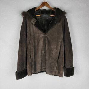 Damselle New York Womens Jacket XL Brown Leather Genuine Fur Trim Hooded